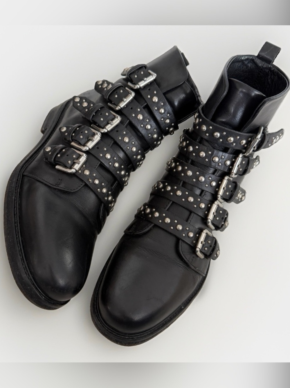 MAJE Leather Biker Boots EU 37: US 6.5 UK 4 Black Studded Buckle Straps Womens